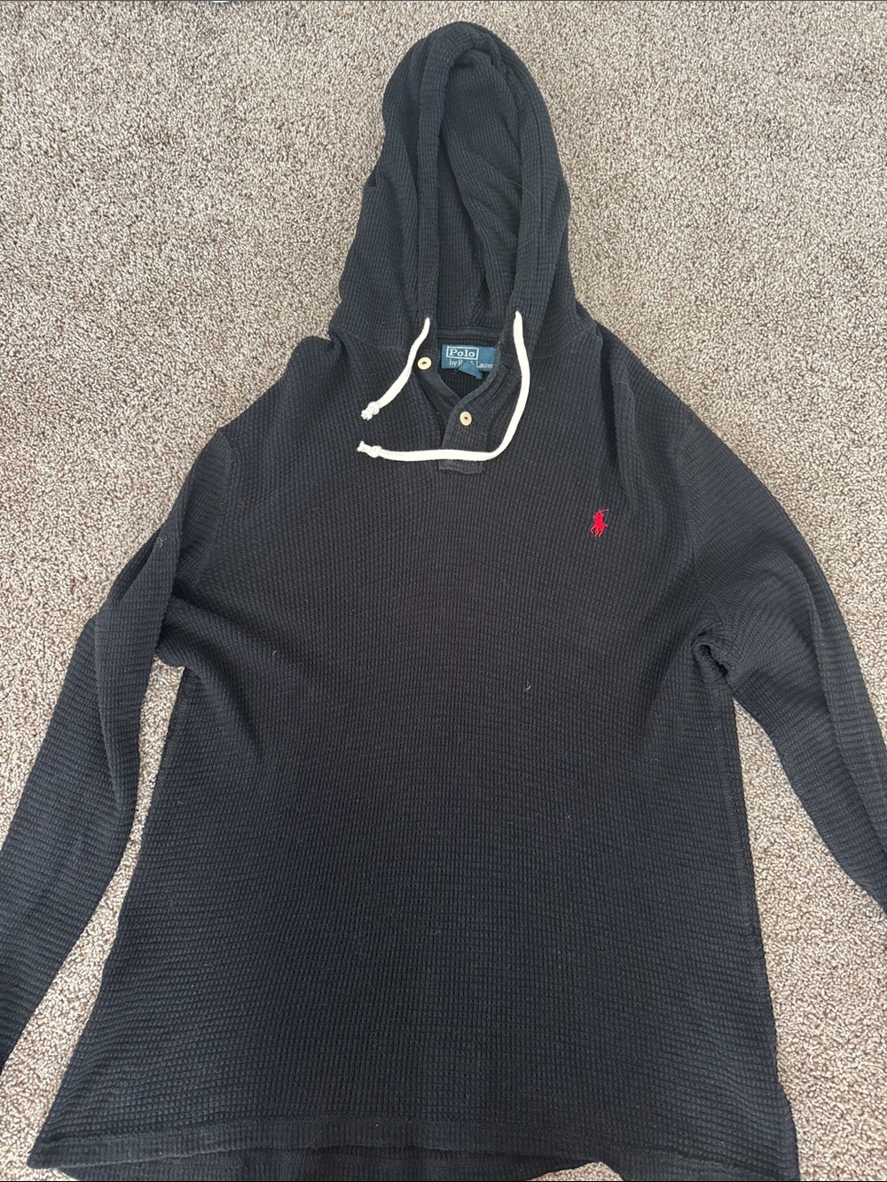 Polo by Ralph Lauren Black Waffle-Knit Hooded Pullover with Red Pony